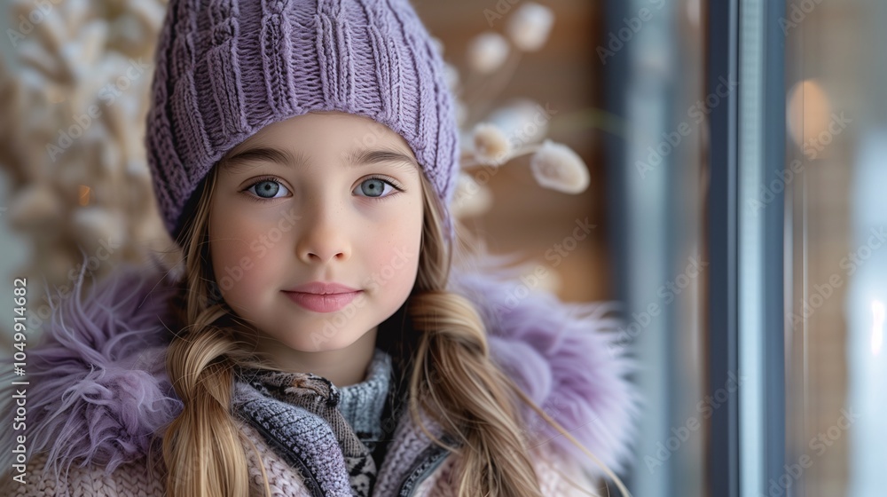 Young Girl in Purple Knit Hat by Window Young Girl in Purple Knit Hat by Window