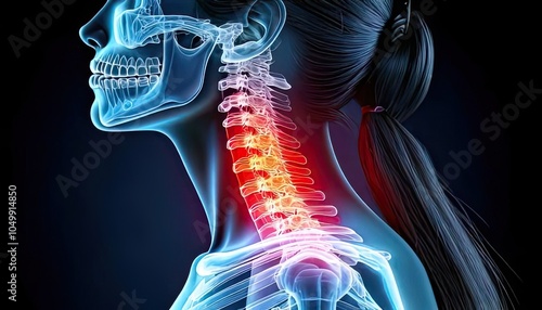 3D rendered illustration depicting painful shoulder, neck, and back highlighting anatomy and medical conditions related to the spine and skeletal system photo