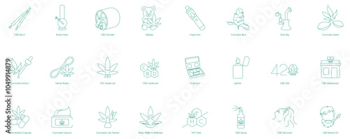 Icon Set Covering a Wide Range of CBD and Cannabis Products Including Smoking Accessories, Lab-Tested Items, and Wellness Essentials