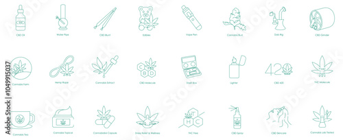 Icon Set Featuring CBD and Cannabis Products Including Oils, Blunts, Farm Elements, Wellness Items, and THC-Free Molecular Icons