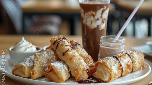 A plate with five deep-fried spring rolls, accompanied by ice cream and chocolate milk in a glass, with a white straw.