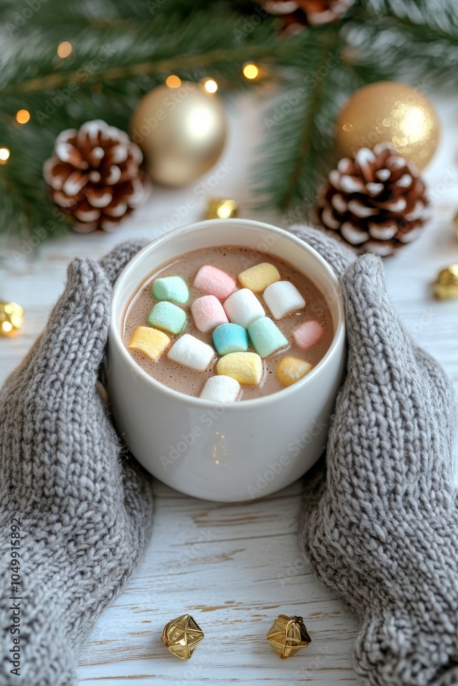Warm cup of hot chocolate topped with colorful marshmallows during winter festivities Warm cup of hot chocolate topped with colorful marshmallows during winter festivities