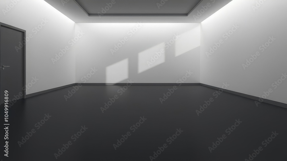 Fototapeta premium Minimalist empty room with soft lighting and shadow patterns on white walls