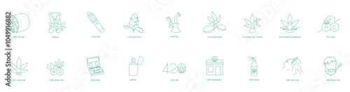Icon Set Featuring Essential CBD and Cannabis Products, Including Smoking Accessories, Topicals, and Lab-Tested Wellness Items