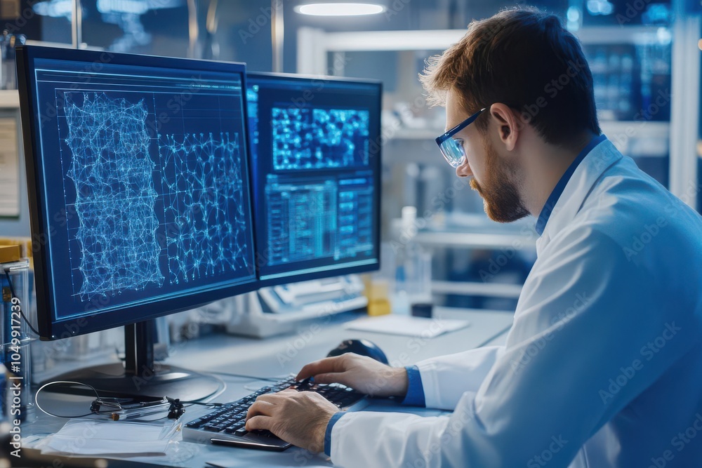 Biotech researcher using advanced computer software to design synthetic biological materials Biotech researcher using advanced computer software to design synthetic biological materials
