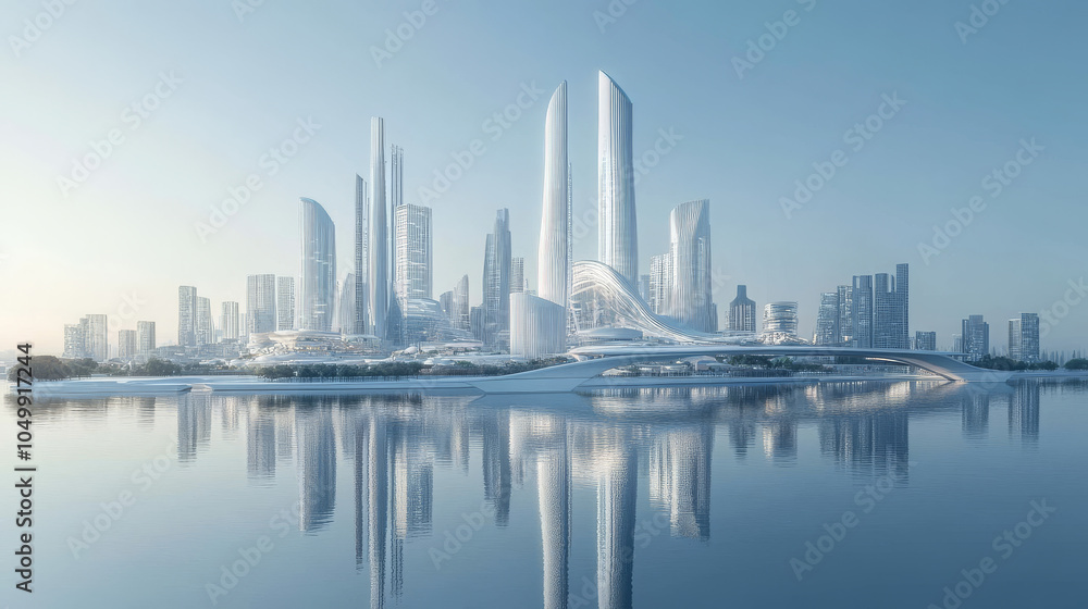 Obraz premium city ​​skyline, metropolis, landscape, city, architecture, skyscraper, building exterior, river, new city, future, tourist destination, sky, famous attraction, urban area, modern, reflection, nobody, 
