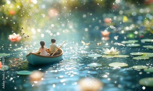 Couple in boat on pond with butterflies.