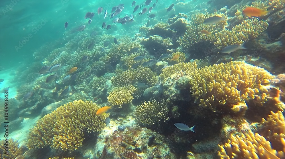 Fototapeta premium Vibrant Underwater Coral Garden Teeming with Diverse Marine Life,Ideal for Diving and Snorkeling