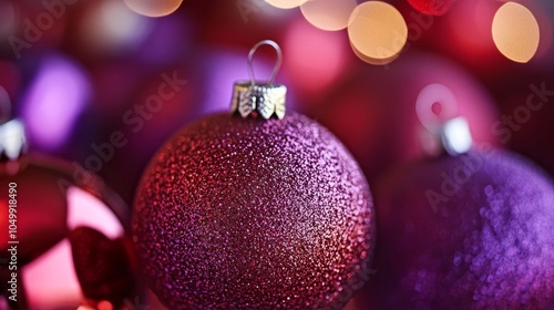 Close-up of glittering red and purple Christmas decorations