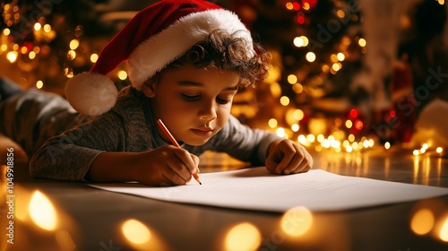 A young boy wearing a Santa hat, lying on the floor and writing a letter, surrounded by soft Christmas lights and decorations, creating a warm and magical holiday atmosphere