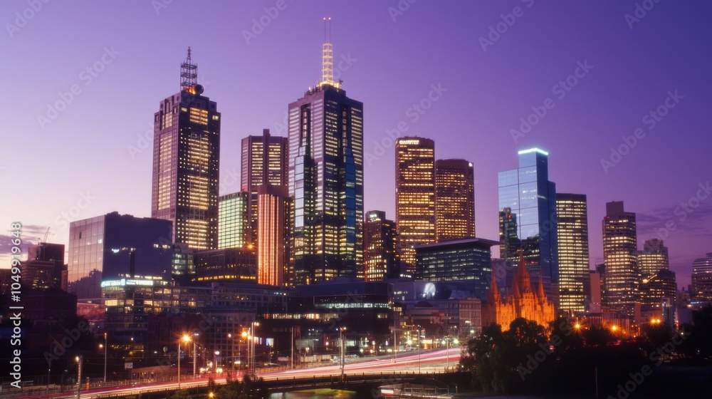 Fototapeta premium Glowing Cityscape of Financial Institutions at Dusk in a Vibrant Urban Setting, Symbolizing the Thriving World of Finance | Ultra-Detailed Image