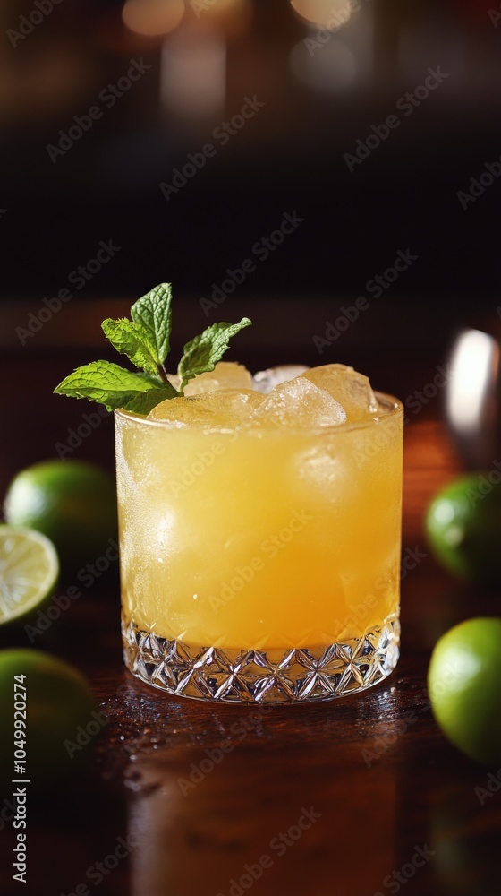 Fototapeta premium Refreshing cocktail with ice and mint served with lime on a wooden table in a cozy bar setting
