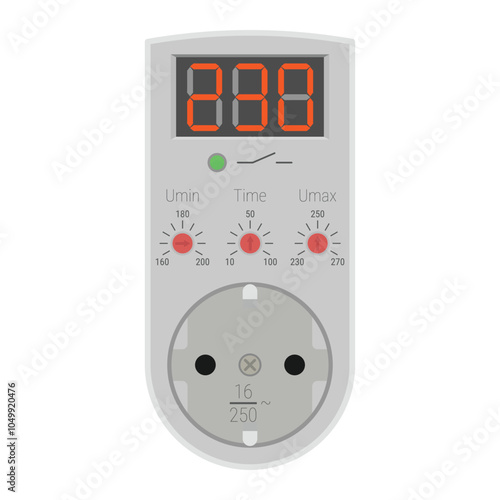 Voltage monitoring relay with a socket of type f. Device for protection against voltage surges. Vector illustration in flat style