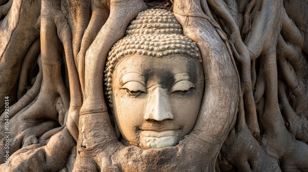 The serene face of the Buddha entwined in the roots of a Bodhi tree at Wat Mahathat The serene face of the Buddha entwined in the roots of a Bodhi tree at Wat Mahathat