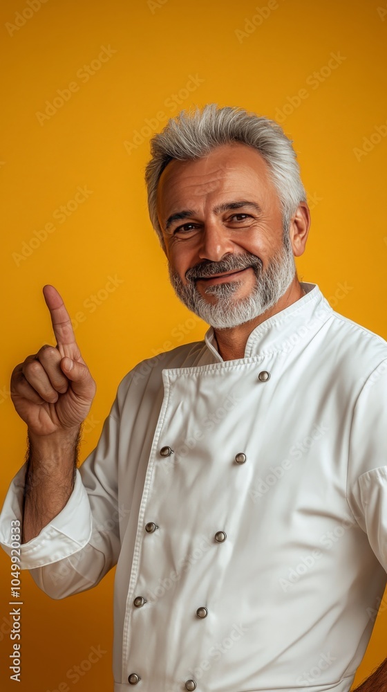 A smiling man in an apron pointing up against a bright yellow background in a friendly setting A smiling man in an apron pointing up against a bright yellow background in a friendly setting