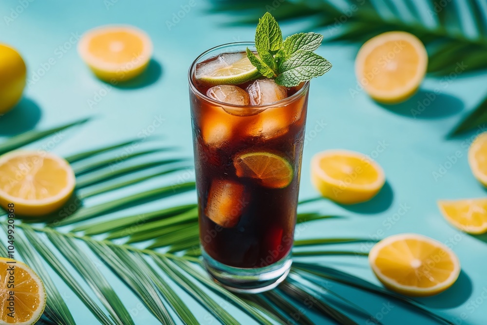 Fototapeta premium Refreshing iced drink with lemon and mint on a vibrant blue surface during summer afternoon