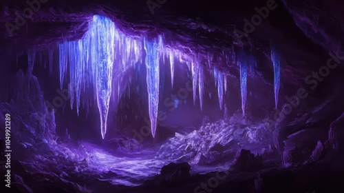 Cave interior with purple blue stalactites and stalagmites photo