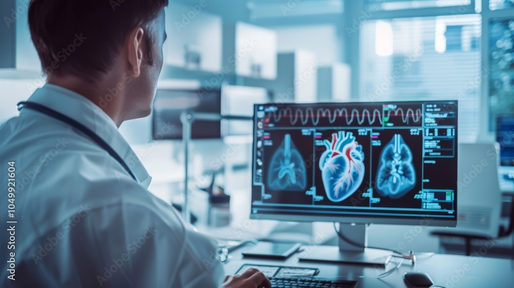 A detailed image of a cardiologist reviewing an echocardiogram with focus on the heart��s details and diagnostic screen, set against a bright, modern cardiology office background A detailed image of a cardiologist reviewing an echocardiogram with focus on the heart��s details and diagnostic screen, set against a bright, modern cardiology office background