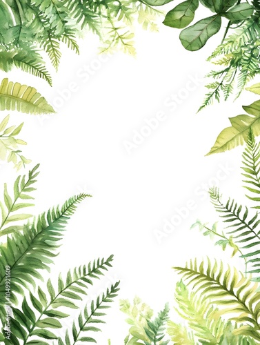 Green Watercolor Fern Leaves Greenery plant frame