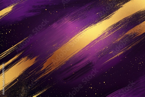 Abstract purple and gold background with brushstrokes and glitter.