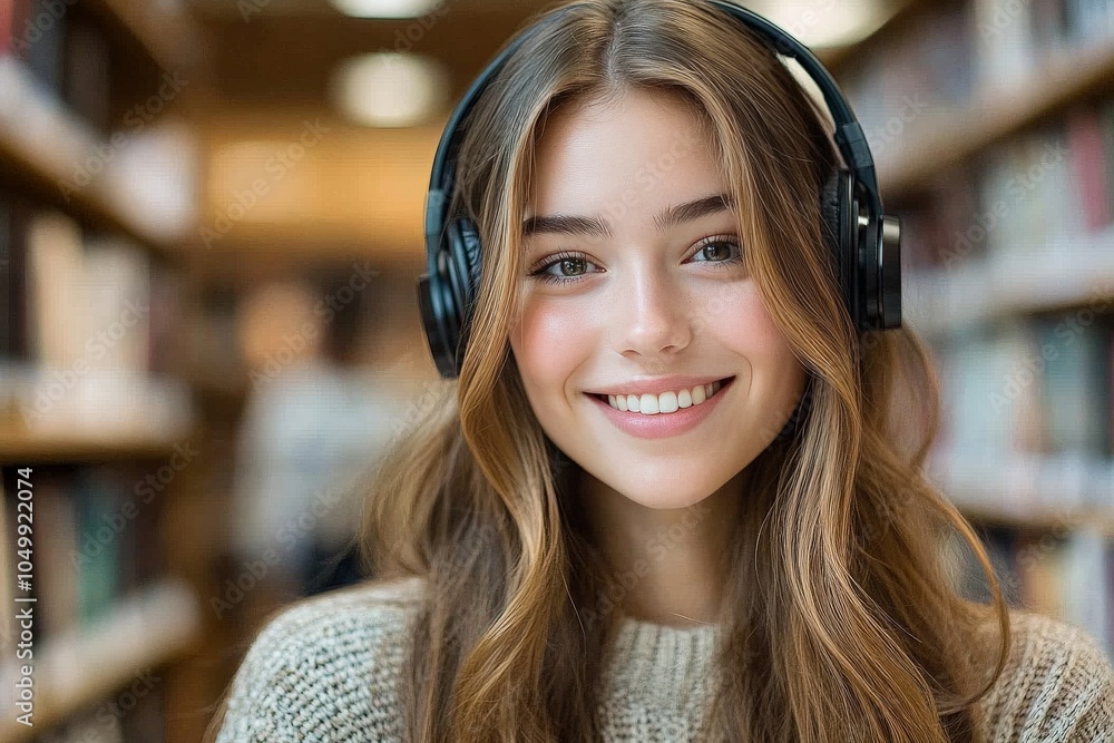 A young woman with long hair is smiling while wearing headphones, sitting in a library. The warm lighting and focused view highlight her serene mood. A young woman with long hair is smiling while wearing headphones, sitting in a library. The warm lighting and focused view highlight her serene mood.