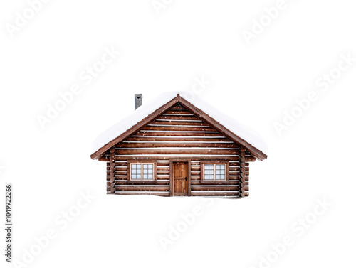 a log cabin with snow on the roof