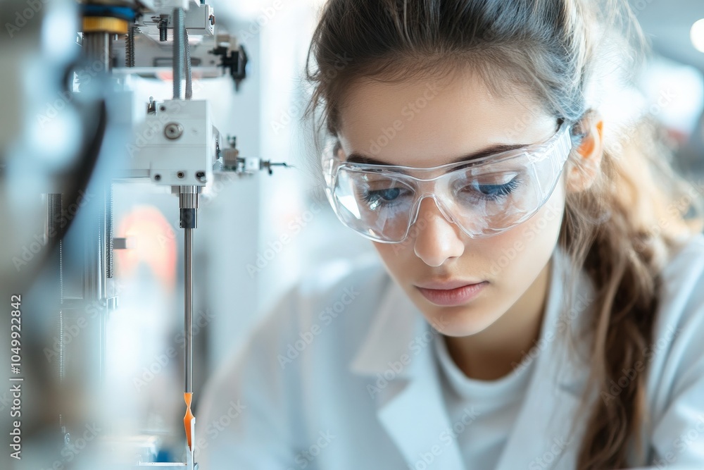 A dedicated female scientist dons protective eyewear while meticulously working in a laboratory setting with advanced technological equipment for innovative research. A dedicated female scientist dons protective eyewear while meticulously working in a laboratory setting with advanced technological equipment for innovative research.
