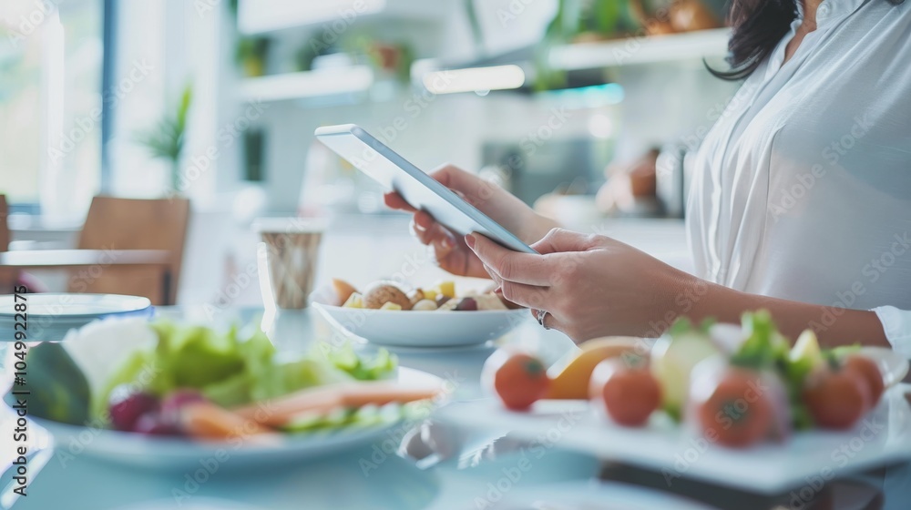 A detailed image of a dietitian preparing a nutritional plan with focus on healthy food items and a digital tablet, set against a bright, modern office environment A detailed image of a dietitian preparing a nutritional plan with focus on healthy food items and a digital tablet, set against a bright, modern office environment