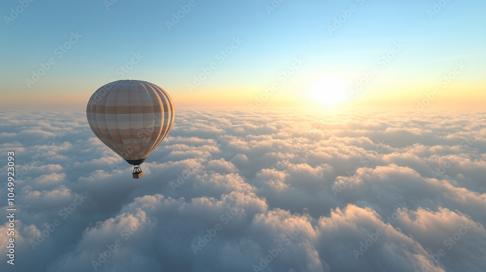 Colorful hot air balloon soaring high in the sky at sunrise Colorful hot air balloon soaring high in the sky at sunrise