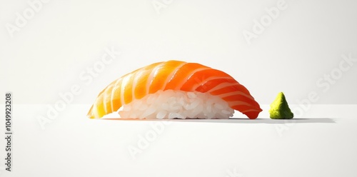 Single Salmon Nigiri Sushi with Wasabi on White Background photo