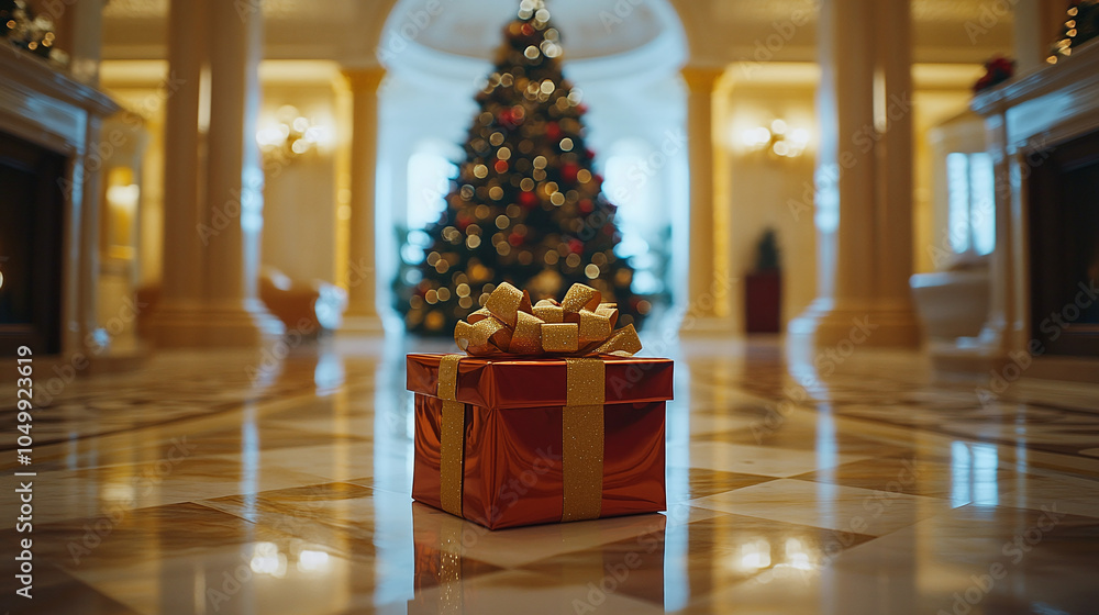 A gift box with a ribbon stands on the floor in a luxury villa against the background of a Christmas tree A gift box with a ribbon stands on the floor in a luxury villa against the background of a Christmas tree