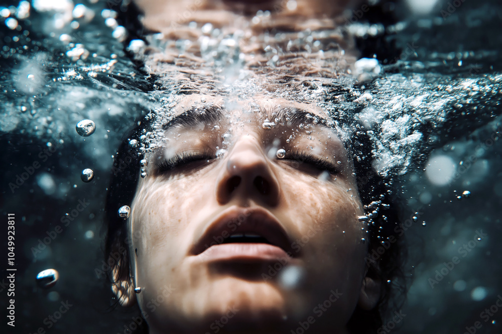 Fototapeta premium A person underwater, looking up towards the surface, symbolizing the sensation of drowning in emotions during a panic attack.