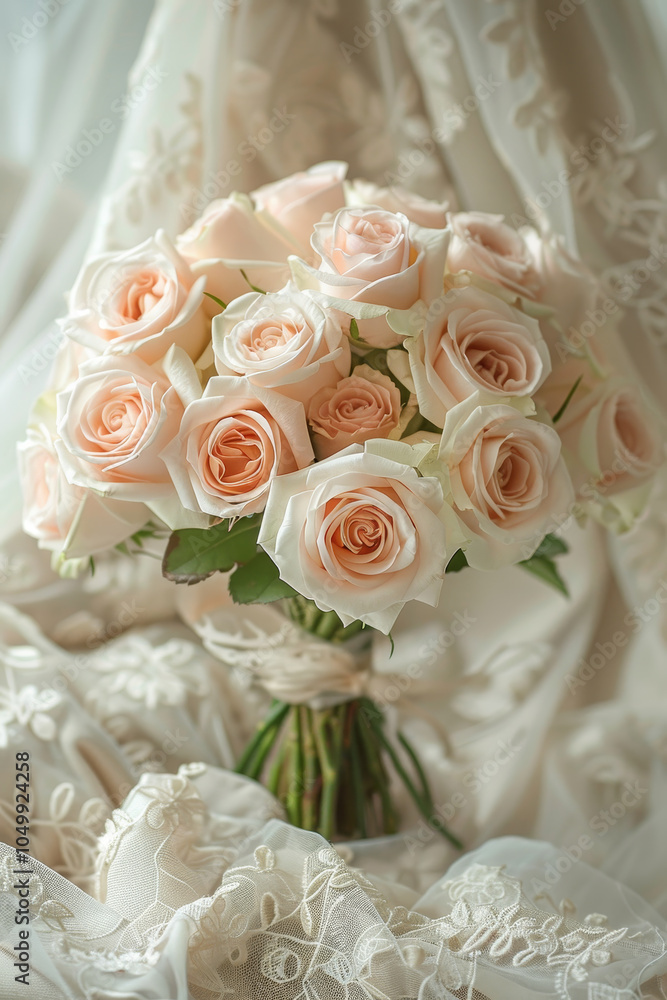 Obraz premium Elegant bouquet of soft peach roses set against a delicate lace background, creating a romantic, vintage-inspired scene perfect for weddings and special occasions.