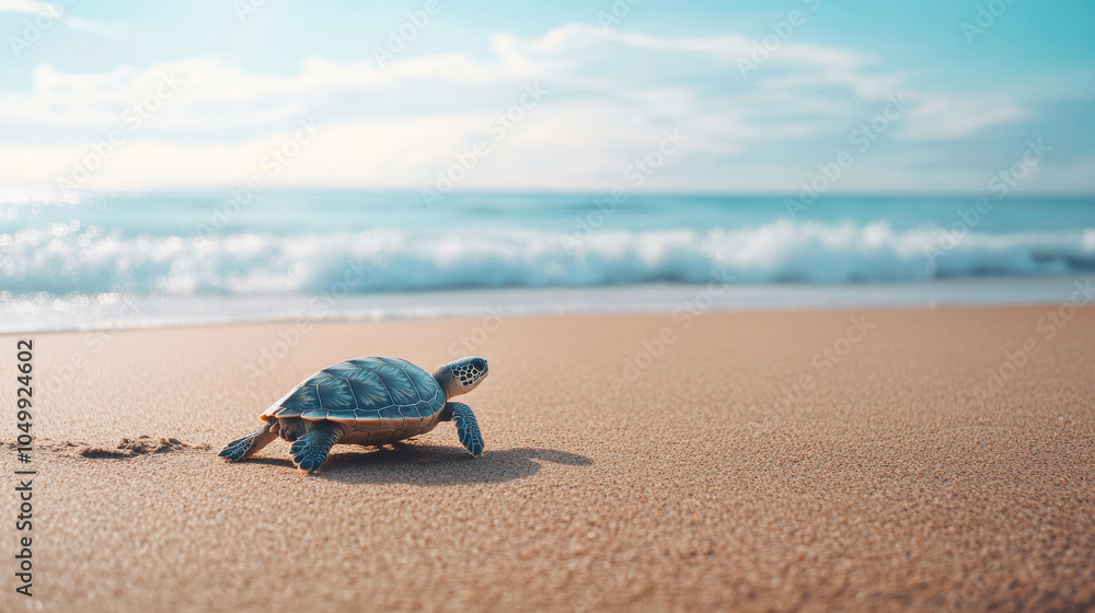 Baby sea turtle crawls across a sunny beach towards the ocean, embodying freedom and resilience. This image highlights nature's beauty and the need for conservation efforts Baby sea turtle crawls across a sunny beach towards the ocean, embodying freedom and resilience. This image highlights nature's beauty and the need for conservation efforts