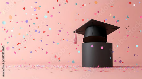 Graduation cap with confetti on pink background
 photo