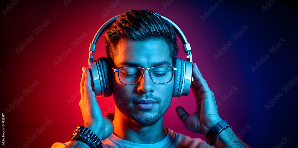 Young man with headphones enjoying music in neon lighting