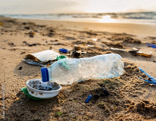 trash on the beach highlights the problem of environmental pollution photo