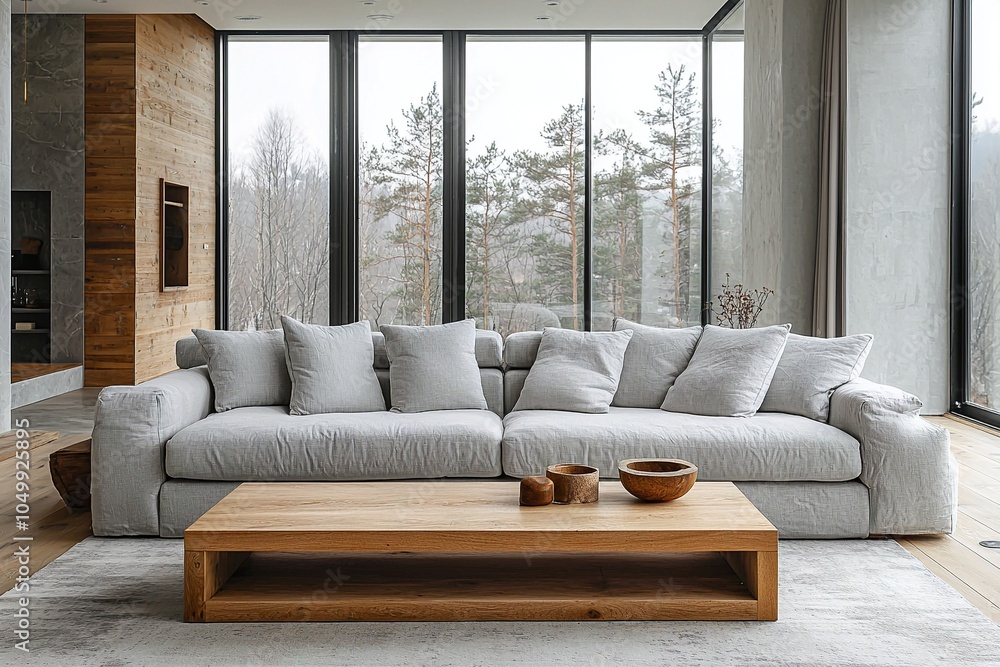 Fototapeta premium A minimalist, mid century modern interior in a living room with light gray sofas and tables and windows visible. Generative AI 