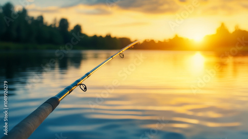 Fishing rod casting a reflection of golden light on a calm lake or river at sunset photo