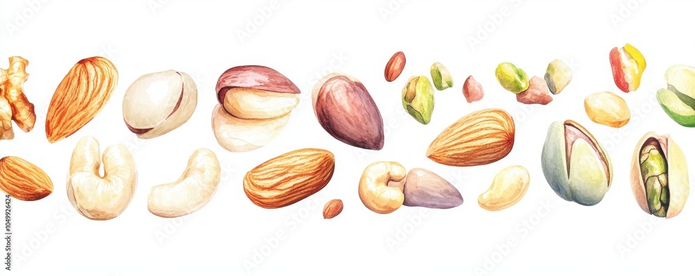 Watercolor painting set of nuts,pistachios,Almond,cashew nuts,hazelnut,Different types of nut isolated,food clipart,Macro concept of nuts and seeds,nut collection,space for text. Watercolor painting set of nuts,pistachios,Almond,cashew nuts,hazelnut,Different types of nut isolated,food clipart,Macro concept of nuts and seeds,nut collection,space for text.