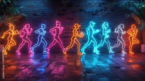 Arrange a neon showcase of sports performance symbols, featuring illuminated