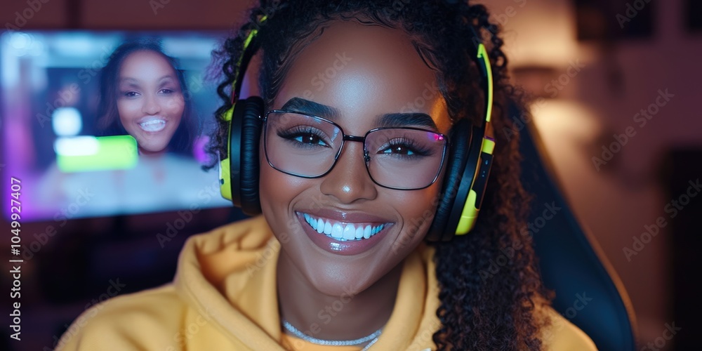 Fototapeta premium Happy Woman in Headphones Smiling and Listening to Music