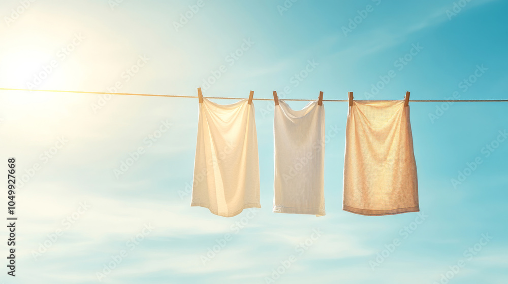 Fresh and airy scene with clean towels hanging on a clothesline against a bright blue sky, drying in the sunlight Fresh and airy scene with clean towels hanging on a clothesline against a bright blue sky, drying in the sunlight
