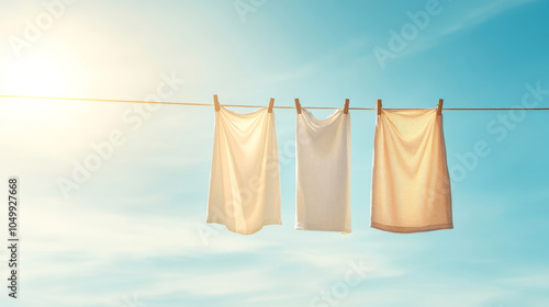 Fresh and airy scene with clean towels hanging on a clothesline against a bright blue sky, drying in the sunlight