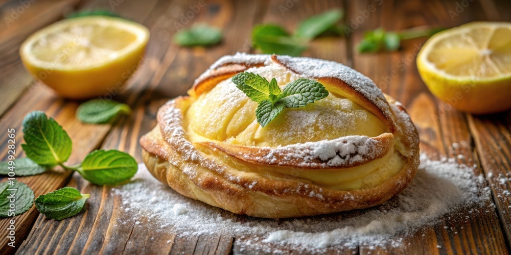 A golden-brown pastry filled with a creamy lemon filling, topped with powdered sugar and a sprig of fresh mint, resting on a rustic wooden table A golden-brown pastry filled with a creamy lemon filling, topped with powdered sugar and a sprig of fresh mint, resting on a rustic wooden table