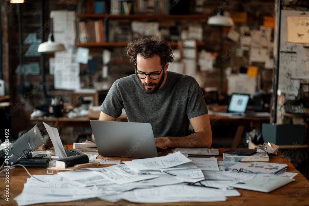 Fototapeta premium A focused man with glasses works at his laptop, surrounded by papers on a cluttered desk, suggesting creativity, technology, and productivity in a modern setting.
