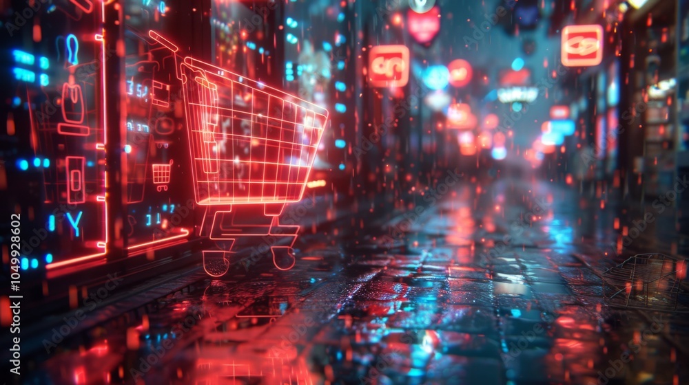 Obraz premium Conceptualize a neon exhibit of e-commerce symbols, featuring shimmering shopping