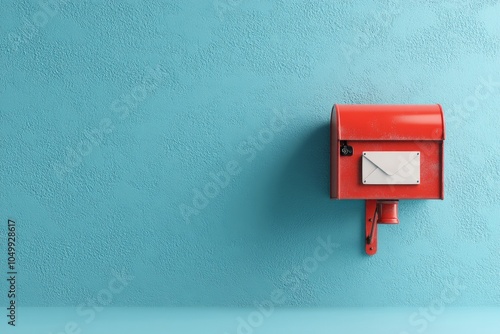 A striking red mailbox attached to a textured blue wall, representing communication, tradition, and the intersection between vivid design and everyday functionality. photo