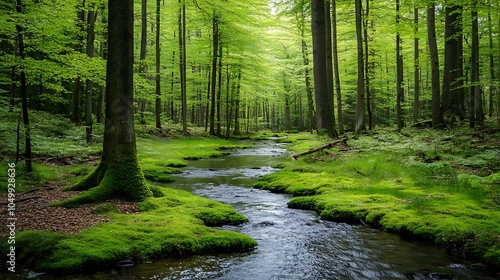 A serene forest in early spring, with fresh green leaves just starting to sprout, a carpet of moss underfoot, and a gentle stream meandering through the trees