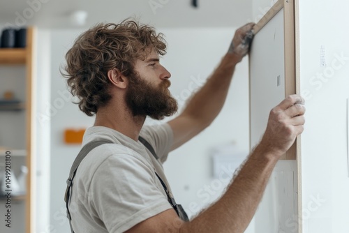 A focused builder with a beard is depicted installing a frame onto an interior wall. Dressed in overalls, he works with precision and skill within a modern space. photo